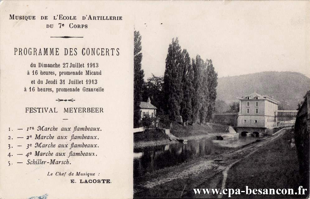 Musique de l'Ecole d'Artillerie du 7e Corps - Programme des Concerts du Dimanche 27 Juillet 1913 à 16 heures, promenade Micaud et du Jeudi 31 Juillet 1913 à 16 heures, promenade Granvelle